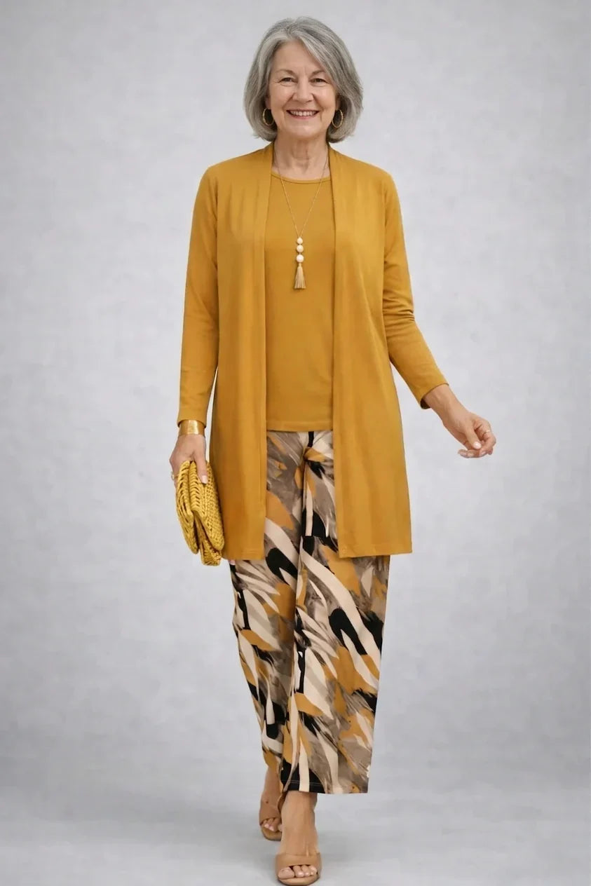 Honora | Mustard Three-Piece Set with Printed Trousers