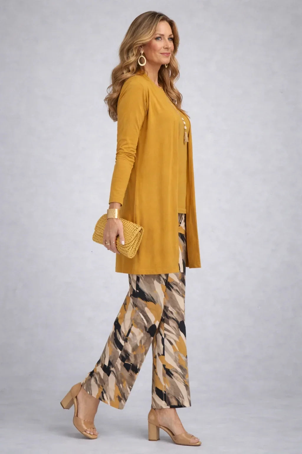 Honora | Mustard Three-Piece Set with Printed Trousers