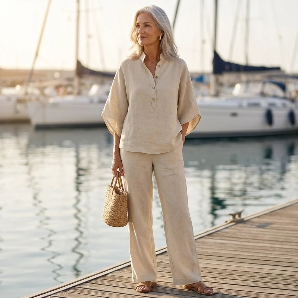 Vrouw in beige linnen two-piece set op een steiger met jachten op de achtergrond
