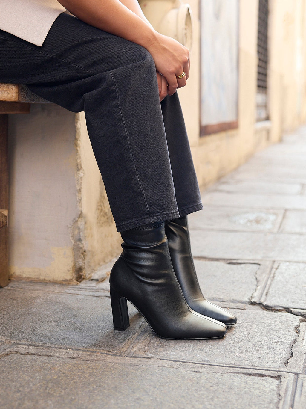 Series Black Faux Leather Heeled Ankle Boots